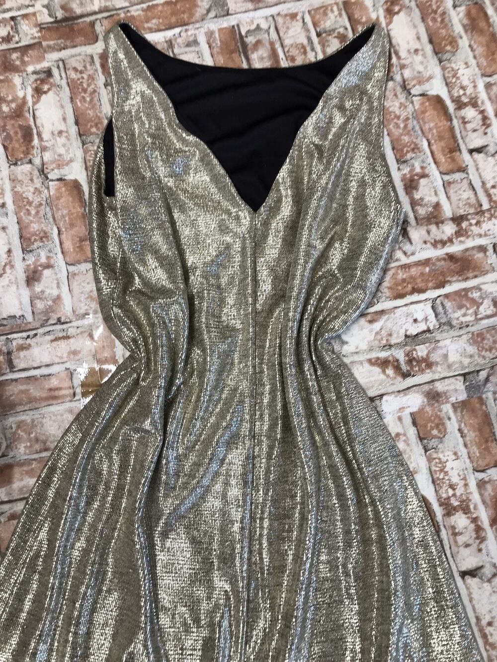 White House Black Market Metallic Gold Trim Velvet Dress Sz Med Knee Length